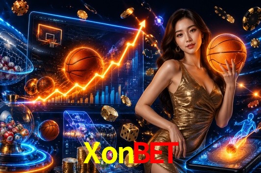 Escena dinámica inspirada en casino con iluminación XonBet, cartas, fichas e íconos de juegos digitales en un espacio moderno de juegos.