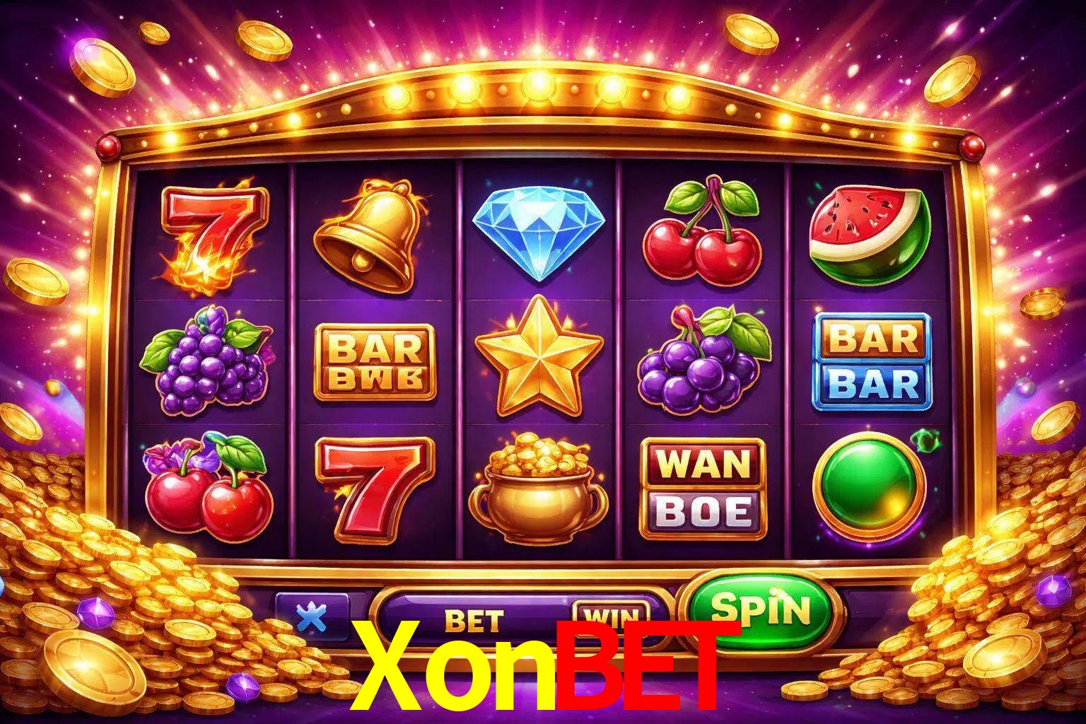 Una interfaz colorida de tragamonedas en línea con símbolos brillantes, monedas y un efecto de victoria celebratoria en XonBet.