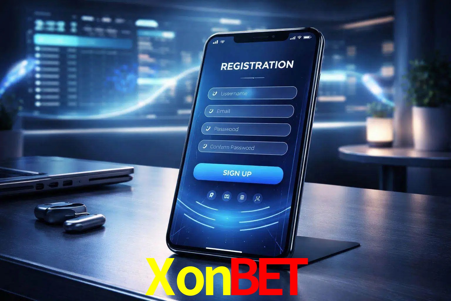 Una interfaz moderna de registro móvil para XonBet mostrada en un smartphone con un panel de apuestas elegante.